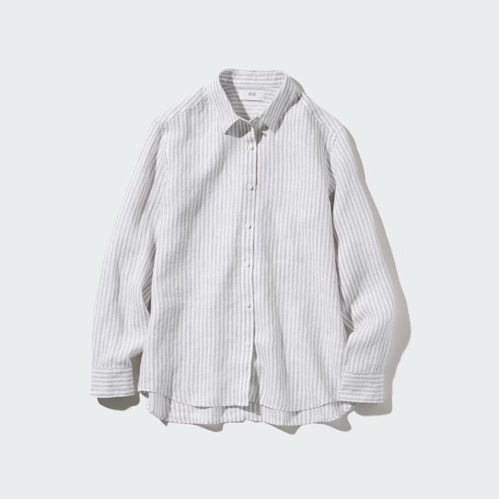 NWT Uniqlo Light Gray Striped Linen Shirt